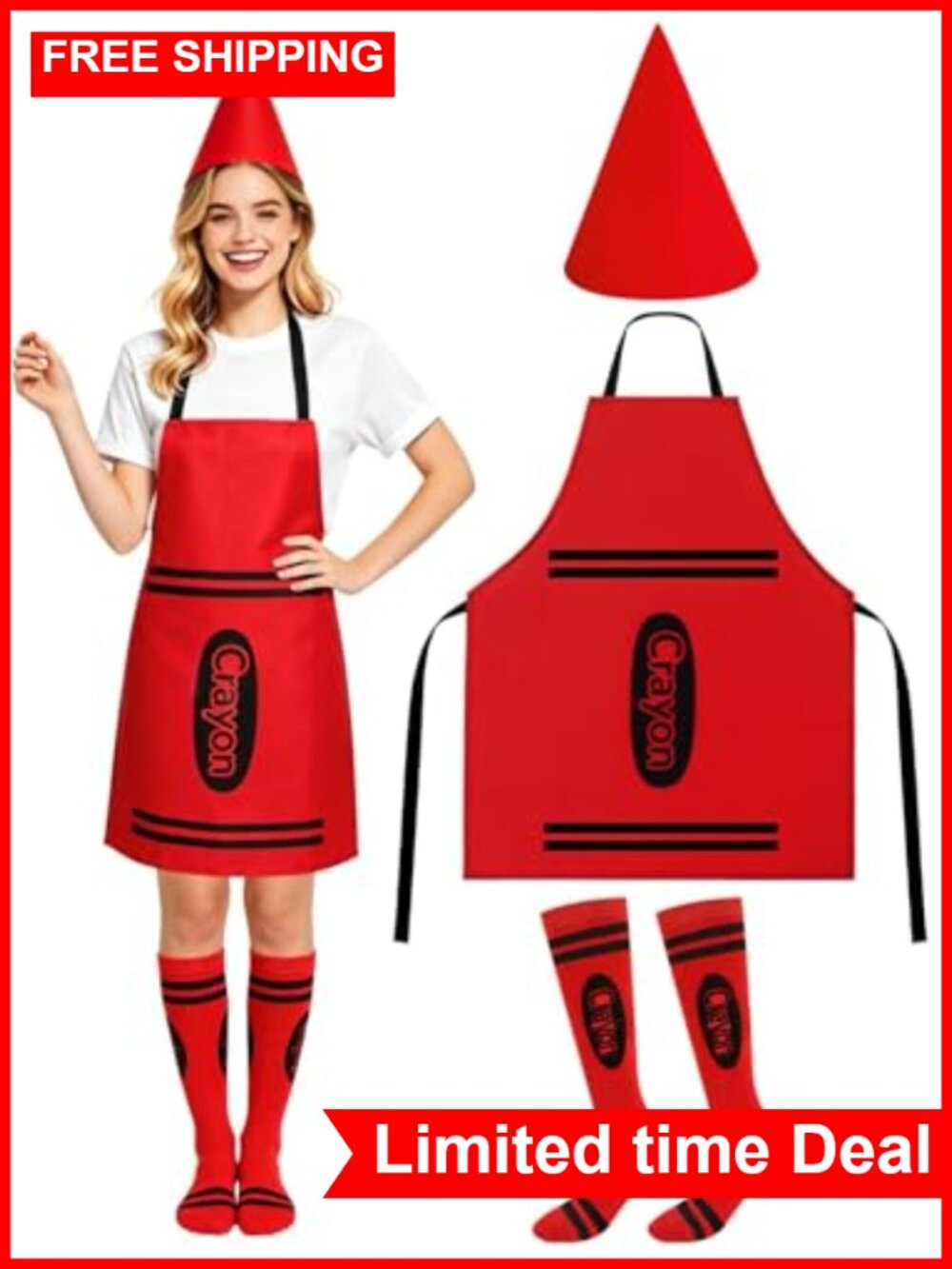 Adult Crayon Apron Costume Set with Cone Hat & Socks